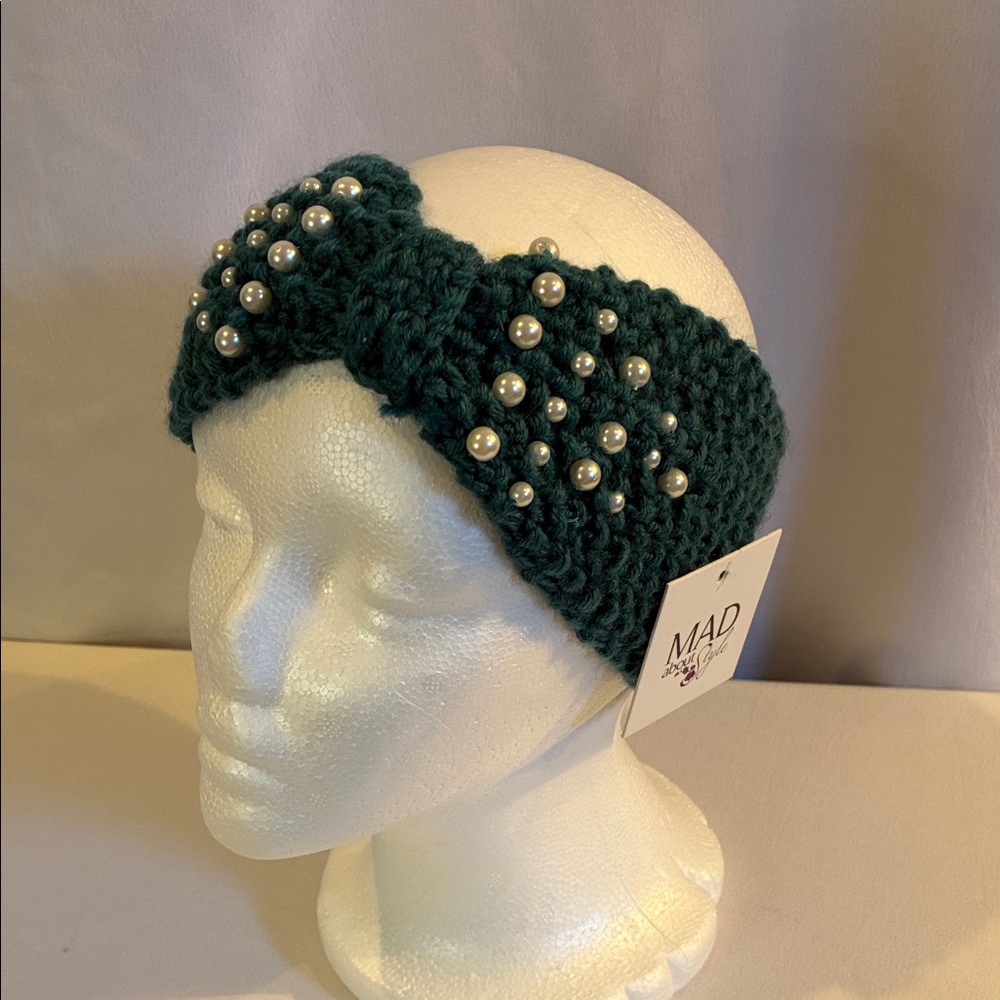 NEW Mad About Style, dark teal & white faux pearls knit head band OS Headwrap